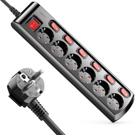 deleyCON deleyCON 6 Fach Steckdosenleiste Einzeln Schaltbar 1,4m Kabel (6X EIN/Aus Schalter und 1x Hauptschalter) Strom Stromleiste Mehrfachsteckdose mit Kindersicherung - Schwarz