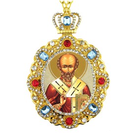 Saint Nicholas Icon Pendant For Room Wall Ornament Christmas Decoration Gift, St Nicholas Jeweled Ornament With Faux Crystals