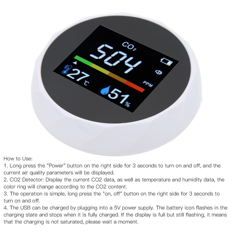 CO2 Monitor Carbon Dioxide Temperature Humidity 3 in 1 Portable
