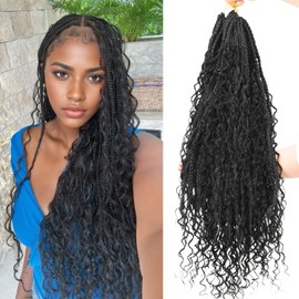 Originea Boho Crochet Braids with Human Hair Curls Handmade Pre-looped Goddess Box Braiding With Human Hair for Women 24 Inch 6 Packs 60 Strands Natural Black Color