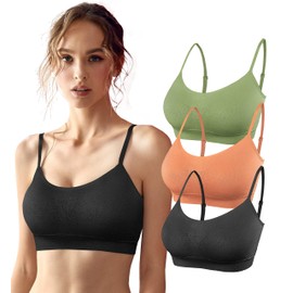 SHEKINI 3 Pcs Women's Sport Bra Seamless Padded Bralettes Yoga Bras Adjustable Leisure Stretch Crop Tops Cami Bras for Women Girl, Green+Orange+Black