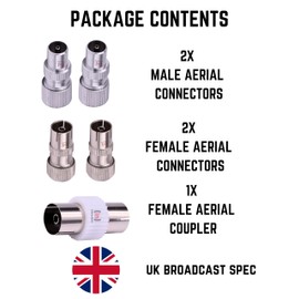 Inbrackets Tv Aerial Coaxial Cable Connector Set - 2 Female Aerial Connector 2 Male TV Aerial Connectors Plus Female Coupler Adapter - Coaxial RF Cable Plug Kit UK Specification (5-Piece)