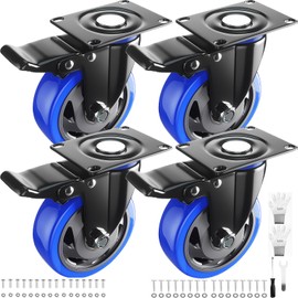 Caster Wheels 3 Inch, Swivel Casters Set of 4 Heavy Duty with Safety Dual Locking, Plate Casters with Double Ball Bearings, Industrial Castor Wheels for Furniture,Workbench(Free Hardware Kits)