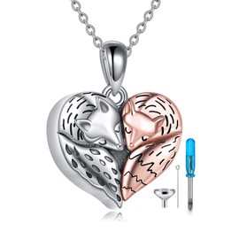YFN Fox Necklace for Ashes Sterling Silver Two Foxes Cremation Pendant Love Heart Keepsake Jewelry for Women Men Fox Memorial Gifts for Couple