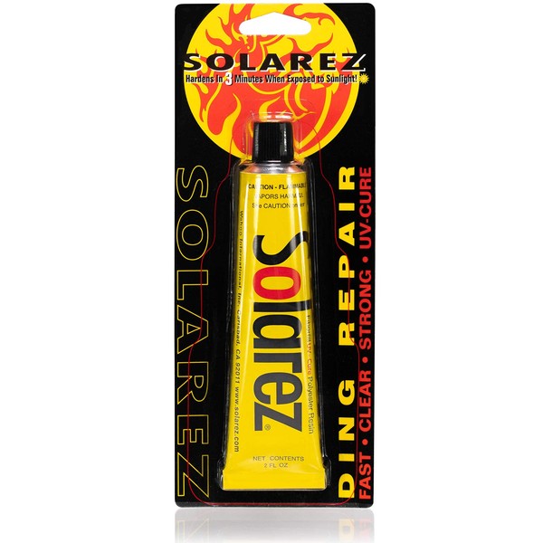 SOLAREZ UV Cure Polyester Ding Repair Resin - Surfboard Repair Kit (2 Oz) Sun Cures 100% Dry in Under 3 Minutes! Includes 60/240 Grit Sand Pad. Made in USA!