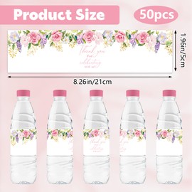URROMA 50Pcs Water Bottle Labels,Hot Stamping Pink Flowers Water Bottle Stickers Waterproof Drinks Bottle Wrappers for Wedding Birthday Baby Shower