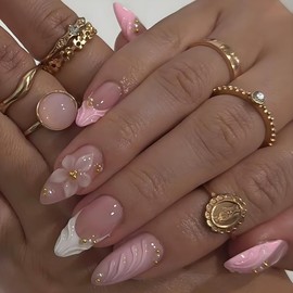 LPOODDNU 3D Pink Press on Nails Almond - Medium French Tip Fake Nails with Embossed Flower&Gold Bead Designs, Glossy Finish Reusable False Nails with Glue Tabs - 24Pcs Nail Kit for Women Manicure