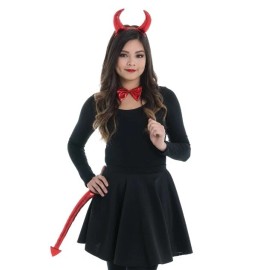3 Piece Red Devil Set with Horns Headband, Bow Tie and Tail - Adult