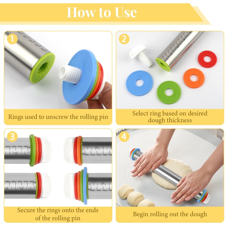 Adjustable Rolling Pin with 4 Thickness Rings for Baking, 17”