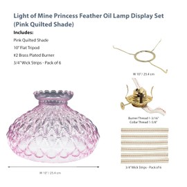 Light of Mine - Princess Feather Oil Lamp Replacement Kit Including 10" Flat Tripod, 10" Pink Quilted Shade, No. 2 Brass Plated Burner, and 100% Cotton 3/4" Replacement Wick Strips