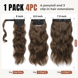 FLUFYMOOZ 4PCS Half Up Half Down Ponytail Extension Set, Fake Ponytail Soft Synthetic Hairpiece for Women, Long Thick Clip in Hair Extensions Wavy Fuller High Wrap Around (Medium Brown with Medium Auburn 22In)