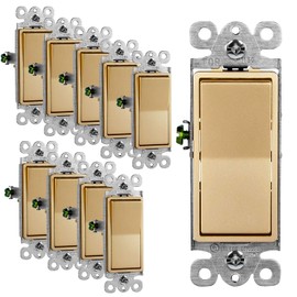 ENERLITES Elite Series Decorator Rocker Light Switch, 15A 120V/277V, Gloss Finish, Single Pole, 3 Wire, Grounding Screw, Residential Grade, UL Listed, 91150-GD, Gold Color (10 Pack)