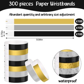 BOUBONI 300 Pcs Paper Wristbands for Events Water Resistant Paper Wristbands Sticky Rolls Bracelet for Events Clubs Music Festival Concert(Silver,Gold,Black)