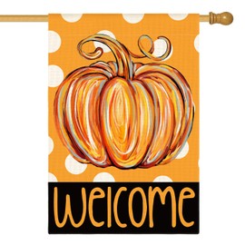 AVOIN colorlife Fall Pumpkin House Flag 28x40 Inch Double Sided Outside, Polka Dots Welcome Seasonal Yard Outdoor Flag