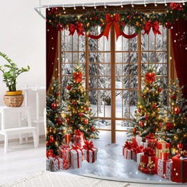 KDYDK Christmas Shower Curtain Winter Snow Window Scene 70" L x 70" W