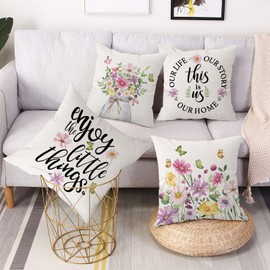 Coeufuedy Spring Floral Decorative Pillow Covers 18 x 18 Inch Set of 4 Wildflower Mason Jar Butterfly Enjoy The Little Things Farmhouse Decorative Cushion Cases for Sofa Couch Living Room