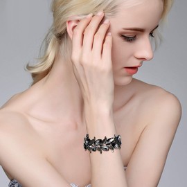BriLove Women's Wedding Bridal Marquise-Shape Leaf Stretch Bangle Bracelet Grey Black-Tone