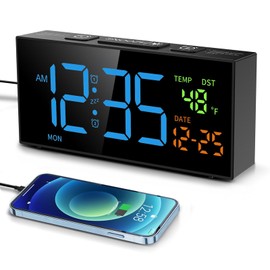 Netzu Alarm Clocks for Bedrooms, Digital Clock with Date Temperature and Weekday, Manual DST, Snooze, 2 Alarms, 4 Volumes for Living Room Home Bedside Desk (Black and Blue)