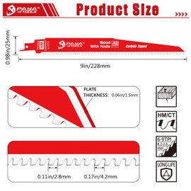 PAYA TOOLS Carbide Reciprocating Saw Blade for Hard Wood and Metal Demolition 9-Inch 6-9TPI(3-Pack)