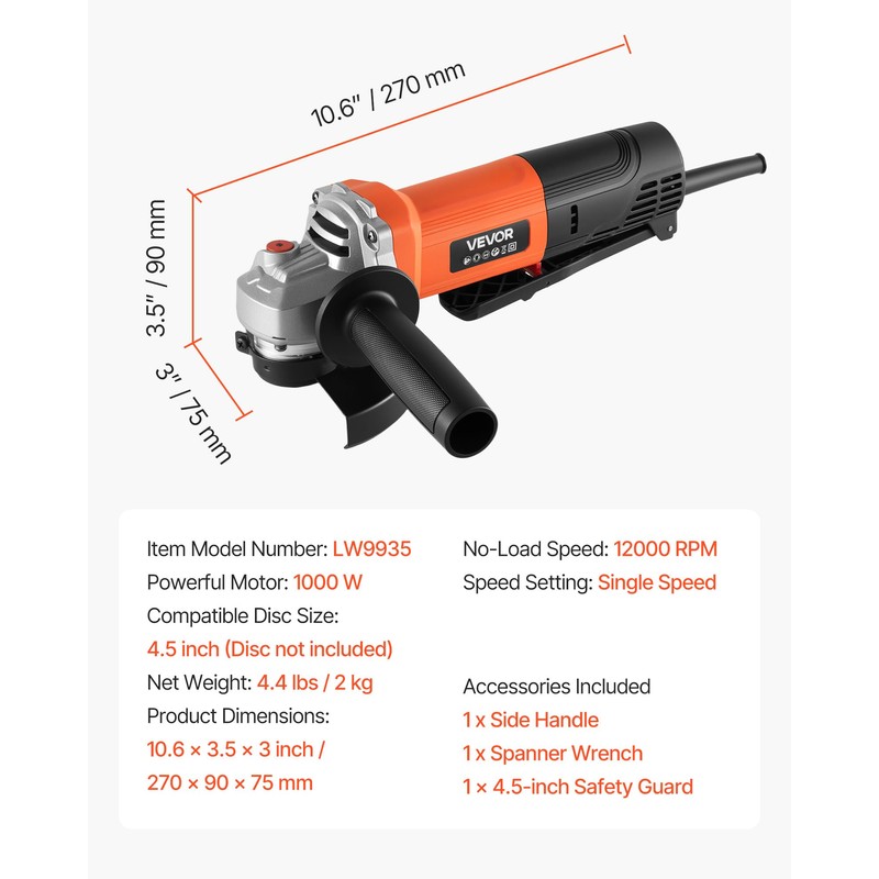 VEVOR Angle Grinder, 4-1/2" Electric Grinder Power Tool, 8Amps 12000RPM
