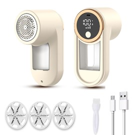 VOURTM Quitapelusas Eléctrico para Ropa Recargable con Pantalla LED, 3 Velocidades Ajustables y 6 Cuchillas Ultra Afiladas, Incluye Cepillo y 3 Repuestos, para Suéteres,Sofás,Mantas,Lana (Color Crema)