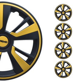 OMAC - Matt Black with Yellow Hub Caps 14 Inch Set of 4, Tapas para Rines 14, Premium Wheel Covers 14 Inch, R14 Rim Cover Set, Snap On Durable Car Replacement Exterior Accessories