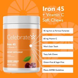 Celebrate Vitamins Iron Supplement with Vitamin C - 45mg Iron, 60mg Vitamin C, Bariatric Vitamins for WLS Patients, Vertical Sleeve & Gastric Bypass Surgery - Cherry, 90 Soft Chews