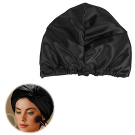 Horktrust Schlafmütze, Seiden-Lockenkappe, doppellagige Seidenschlafmütze, weiche Seidenmütze, doppellagig, verstellbar, Damenmodell, schwarz