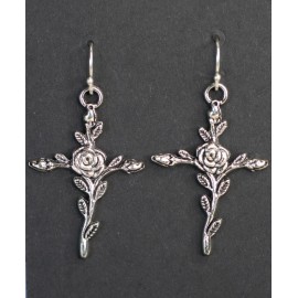 Handmade Cross Rose Charm Earrings 925 sterling silver hooks pewter Charms 1 3/4" Roses