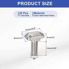 PATIKIL M6 x 16 mm Thread T-Slot Bolts, 20 Pcs Drop-in Bolt Hammer Head T-Bolt Standard 8 mm Sliding Screw Stud for 30 Series Aluminum Extrusion Profile, Silver