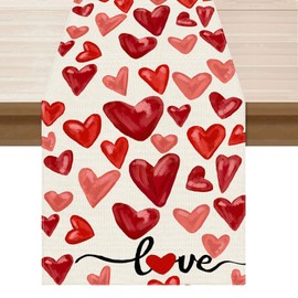 BOTB LIHM Valentine’s Day Watercolor Red Love Hearts Cloth Table Runner Burlap Table Decoration for Home Kitchen Dining Dinner Indoor Holiday Farmhouse Decor 13x36 Inch