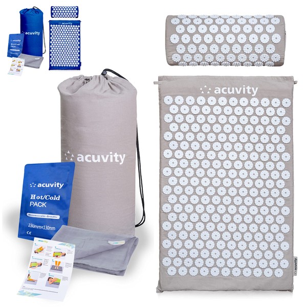 Acuvity Acupressure Mat and Pillow Set for Pain Relief- Spike Massage Mat for Stress Relief- Acupuncture Mat for Relaxation - Hot/Cold Pack, Cotton Sheet Cover & Carry Bag (grey)