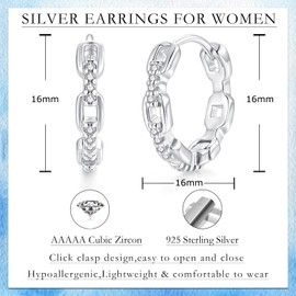 Bewenda Hoop Earrings Silver 925, 925 Sterling Silver Hinged Hoop Earrings, Hypoallergenic Ear Hoops for Women Girls, Huggie Hoops Earring with Zirconia, 16mm Small Sleeper Cartilage Earring Gifts