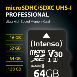 Intenso Professional MicroSDXC Memory Card, Class 10 UHS-I, 64 GB, blue