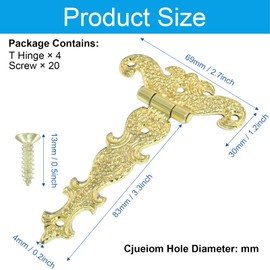 Cjueiom 4Pcs T Hinges Heavy Duty, 3 Inch Gold Gate Hinges, Fancy Door Hardware for Wood Barn, Shed, Cabinet, Fence