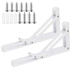 Wokape 2Pack 10" Folding Shelf Brackets, Decorative Heavy Duty Stainless Steel DIY Collapsible Wall Mounted L Shelf Bracketv Kit Contains Screws, Anchors for Table Work Bench, White