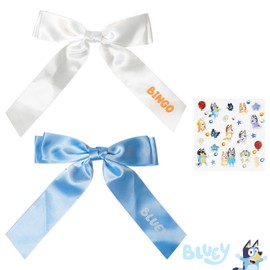 Bluey Long Tail Hair Bow Set for Girls – White & Blue Satin Bows with Stickers – DIY Hair Accessories for Kids Ages 3+