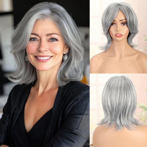 PHOCAS Grey Short Bob Wig Synthetic Layered Silver Gray Wigs