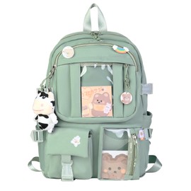 HORHEAR Kawaii School Backpack for Men and Women, Lightweight and with Accessories, for School and Leisure (Green), Green