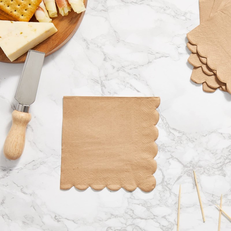100 Pack Kraft Paper Brown Cocktail Napkins with Scalloped Edges