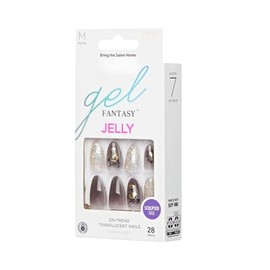Gel Fantasy Jelly Floral Jelly Nails - 28 Medium Length Almond-Shaped Sculpted Nails with Gold Accents