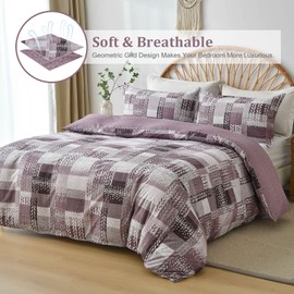 DJY Geometric Grid Double Duvet Cover Purple Irregular Splicing Soft Microfiber Bedding Set, Reversible Lightweight Duvet Cover Sets 3 Pieces With Zipper (Double, 200x200cm)