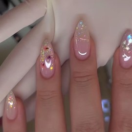 Foccna Press on Nails Pink Artificial Nails Medium White French Fake Nails Almond Rhinestone Bling Glossy 3D Flower False Nail Tips Finger Manicure for Women and Girls,24pcs (Almond Nails 4)