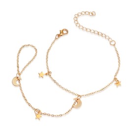 Frigotine Gold Moon Star Hand Chain Ring Bracelet for Woman, Dainty Harness Chain Finger Ring Slave Bracelets Adjustable Summer Beach Jewelry Gifts