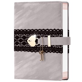 CAGIE Diary with Lock for Girls, Velvet Cover Girls Diary, A5 100 GSM Lock Journal for Writing with Heart Shaped Lock and Keys, Lock Journal Gift Ideas for Girls Women Teen, 224 Pages, Grey