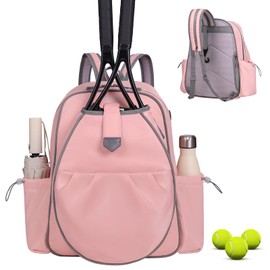 JKAOO Tennis Bags for Women, Waterproof Tennis Sling Crossbody Backpack Holds 2 Rackets Tennis Racket Bag for Pickleball & Badminton (Pink)
