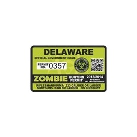 Delaware DE Zombie Hunting Permit Decal 4" x 2.4" Outbreak Sticker