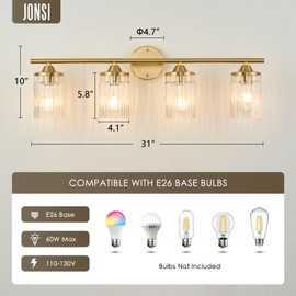 Jonsi Gold Bathroom Light Fixtures 4-Light Vanity Lights Modern Wall Sconce with Clear Glass Shade Brushed Brass Bathroom Light Fixture Over Mirror for Bedroom Hallway Kitchen