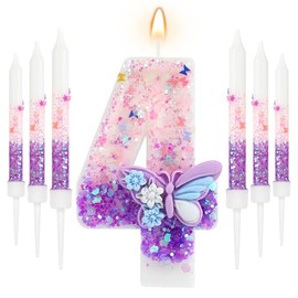 AKURIEEY Vela de mariposa de 4º cumpleaños color morado con 6 velas largas para niñas, decoración de pasteles, decoración de fiesta, aniversario, sumi