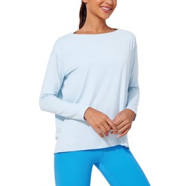 CRZ YOGA Womens UPF 50+ Lightweight Long Sleeve Workout Shirts Sun Protection Loose Quick Dry Hiking Tops Outdoor Fishing Blue Linen Small